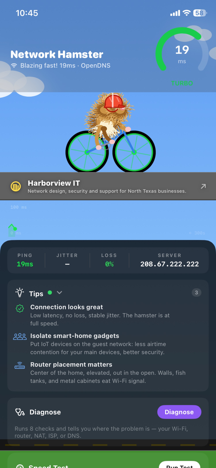 Network Hamster home: hamster on a bike, 19 ms ping, live tips